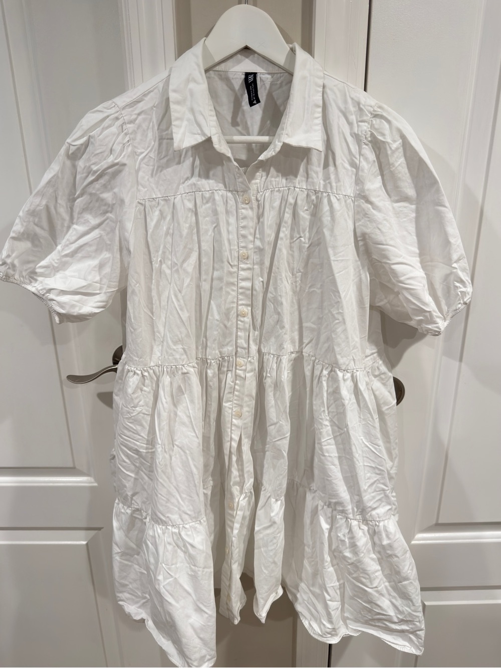 Zara White Collared Button Front Puff Sleeve Tiered Mini Dress Large